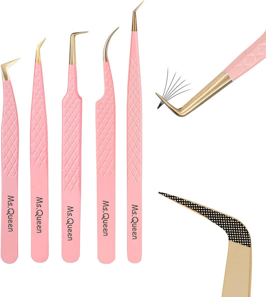Ms.Queen Lash Tweezers for Eyelash Extensions,5Pcs Precision Fiber Tip Grip Curved 45 90 Degree Boot volume Tweezers Set