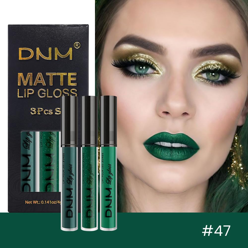 evpct 3Pcs Dark Deep Forest Green Shimmer Matte Liquid Lipstick Lip Stain Sets for Women Matte+Lipstick Long Lasting Waterproof Permanent 24 Hours Magic Lipstick 24 Hours original, Set23