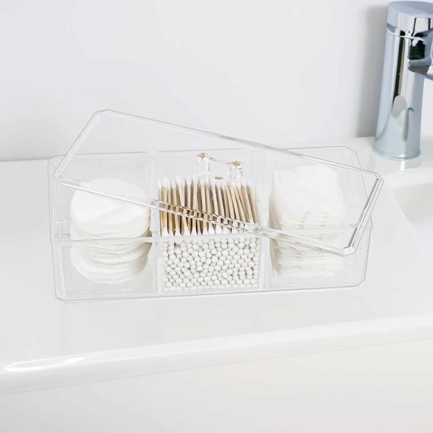 Clear Bathroom Dresser Organizer - Cotton Ball Swab Holder with 3 Divided Compartments&Lid, , Waterproof Transparent Small Plastic Storage Containers, Vanity Makeup Organization
