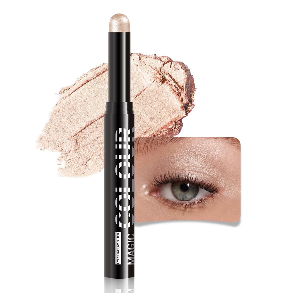 Beige Shimmer Cream Eye Shadow Stick Makeup for Women, Bright Nude Shimmer Matte Eye Shadow Brightener Stick for Eyes, Waterproof Eyeshadow Pencil Applicator Blendable for Eye Highlight 10