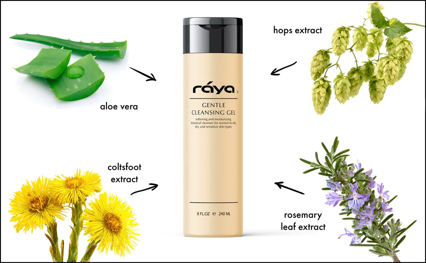Raya Gentle Facial Cleansing Gel 8 oz (104) | Softening and Moisturizing Botanical Cleanser for Dry and Sensitive Skin| Helps Hydrate Smooth Complexion