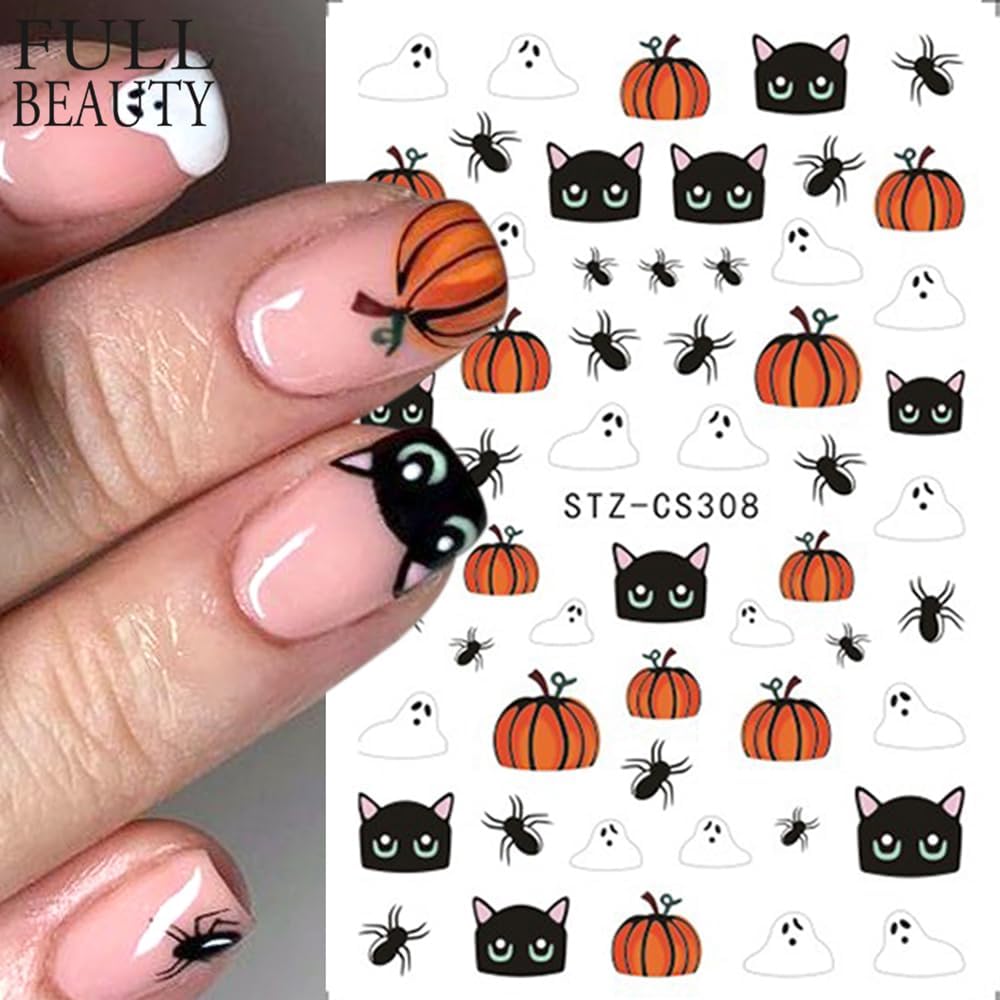 3 Pcs Halloween Nail Art Stickers Decals Cute Ghost Pumpkin 3D Self Adhesive Nail Decals Flower Ghost Nail Design Pumpkin Cats Spider Bats French Manicure Supplies for Women Nail Decor