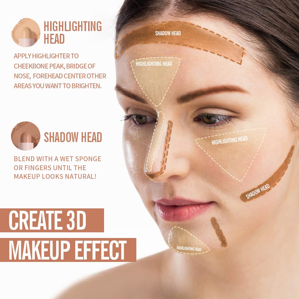 KIMUSE 2Color Dual Cream Contour Stick, Long Lasting & Waterproof Highlight & Bronzer Contour Sticks Kit for Light Skin Face Makeup