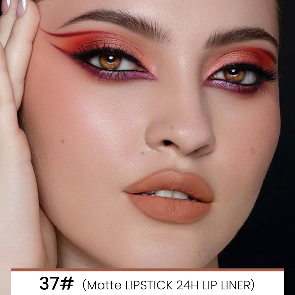 evpct 1Pcs Light Nude Brown Matte Lip Liner and Lipstick Combo Set Kit for Women, Magic Neutral Lipsticks 24 Hours Original Lipstick and Lips Liner Pencil Stain Gloss Makeup Long Lasting Waterproof