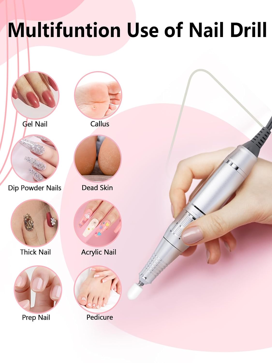 Nail Drill, Portable Electric Nail File 50000RPM, Rechargeable Nail Drill Professional with Bits for Acrylic Gel Nails, E-File Machine Manicure Polishing for Salon Home,Pink