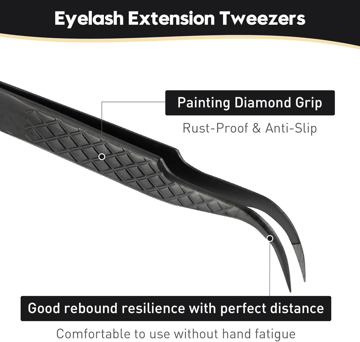 Ms.Queen Eyelash Tweezers For Extensions, Precision Diamond Grip Curved Lash Tweezers Fiber Tip,Black