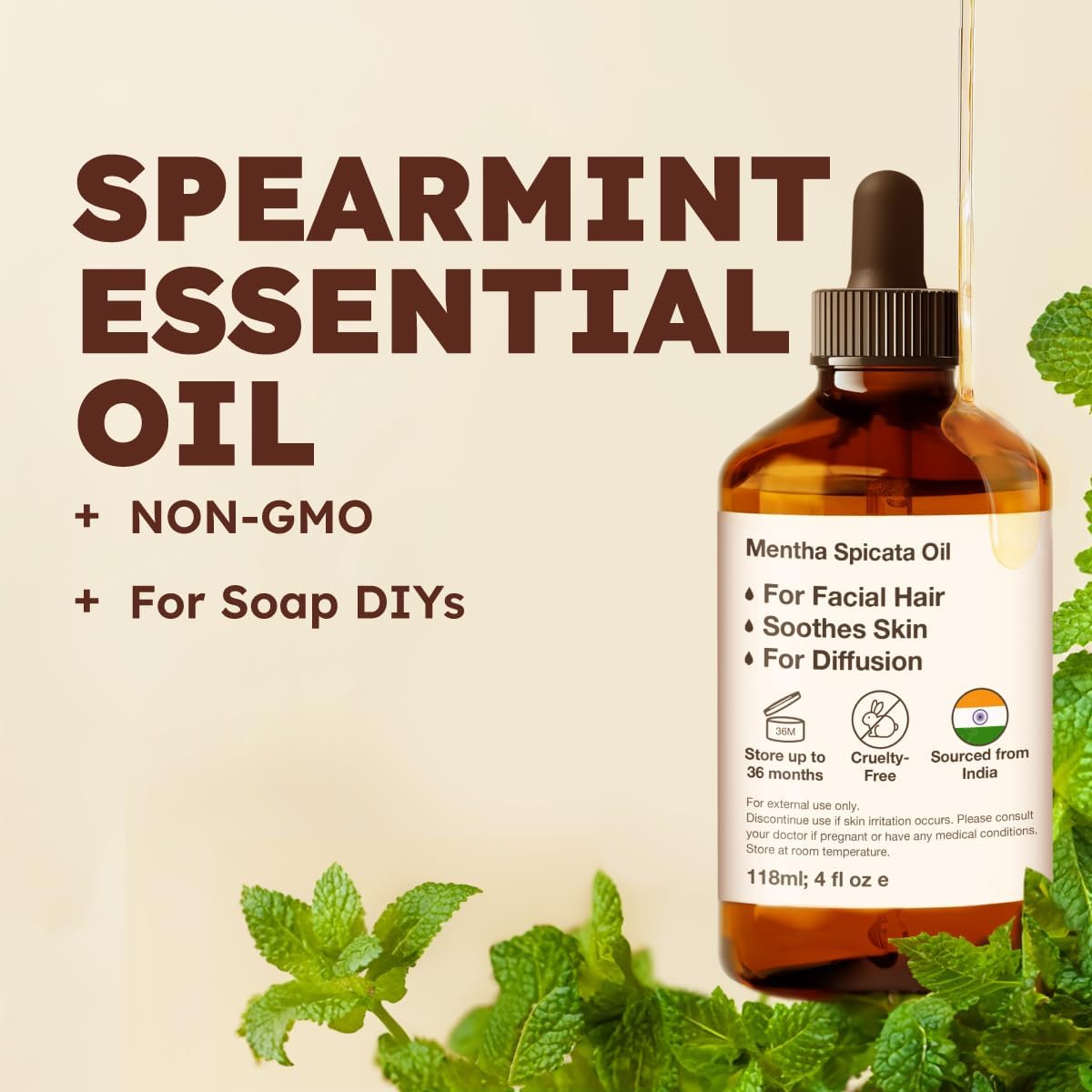 Kukka Spearmint Oil for Facial Hair - 4 Fl Oz - Aromatherapy Spearmint Essential Oil for Skin & Hair Care, Diffuser, Bath Bombs, Soaps and Candles, DIY Soap Making Scents
