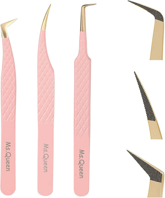 Ms.Queen Lash Tweezers for Eyelash Extensions,Precision 3Pcs Fiber Tip Grip 90 Degree L-Shaped Boot Volume Dolphin Isolation Eyelash Tweezers Set