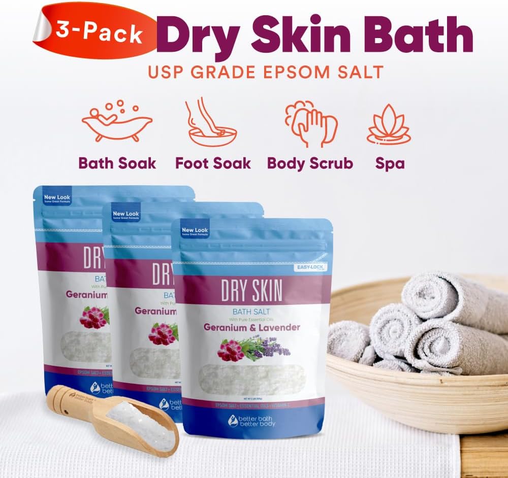 Dry Skin Bath Salt (3 Pack with Scoop) Skin Soothing Epsom Salt with Pure Essential Oils in BPA Free Pouch with Press Lock Seal Made in USA Three 2 Lbs Pouches 6 Lbs Total