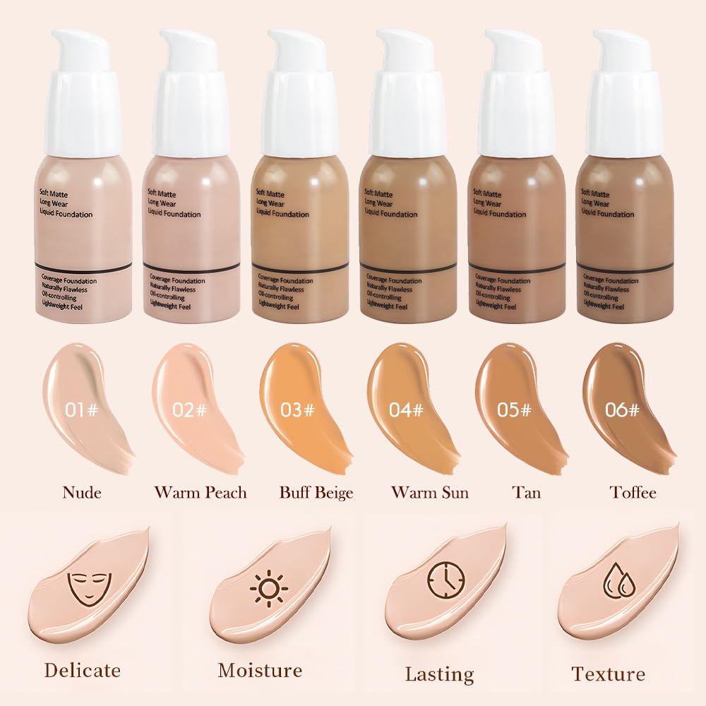 Matte Liquid Full Coverage Foundation, Flawless Soft Matte 24HR Oil Control Full Coverage Foundation Makeup for Women, Long-Lasting Waterproof Full Coverage, 03# Buff Beige (03, Pack of 1)