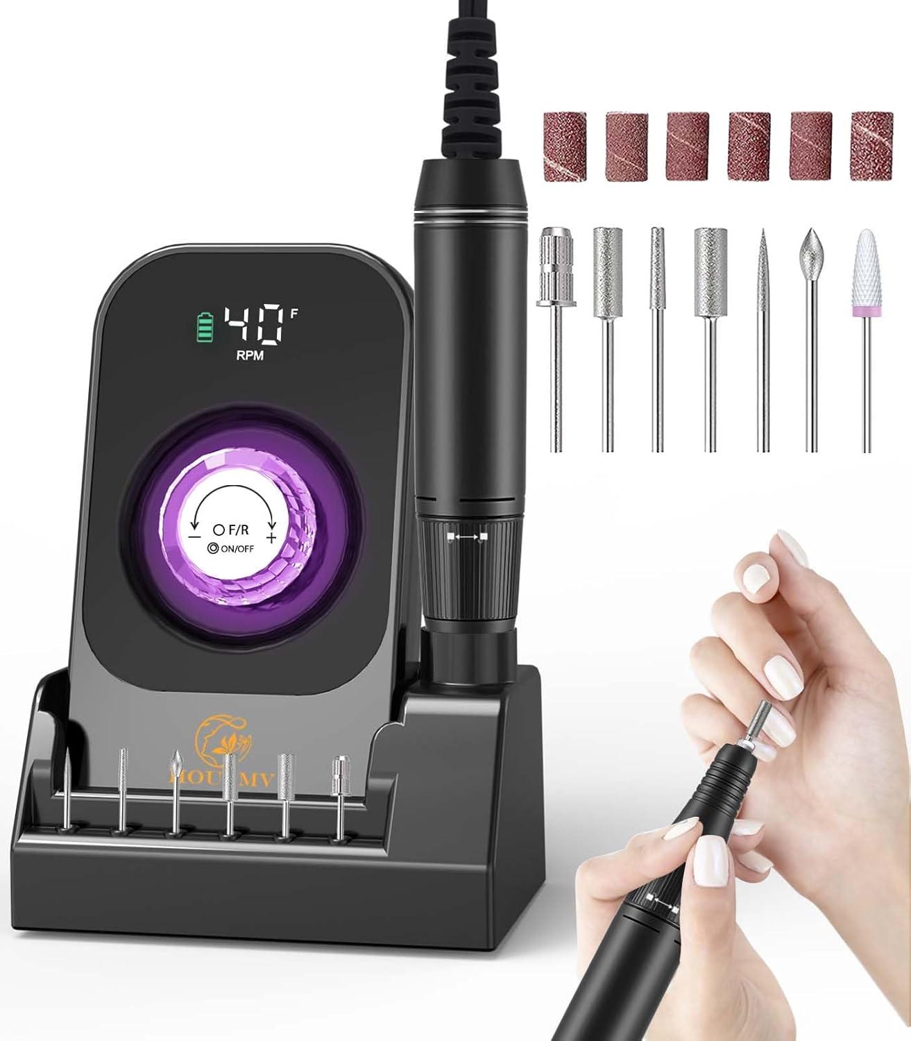 Portable Nail Drill Electric File: 40000RPM Professional Nail E-File for Acrylic Nails Remove Nail Gel Polish Manicure, Rechargeable Cordless Nail Drill Machine with Bits & Base for Salon Home, Black