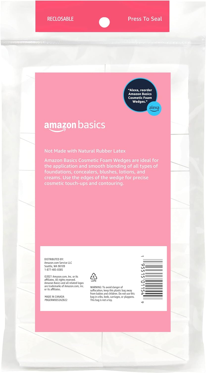 Amazon Basics Cosmetic Rectangular Foam Wedges For Makeup, 32 Count, White (Pack of 2)