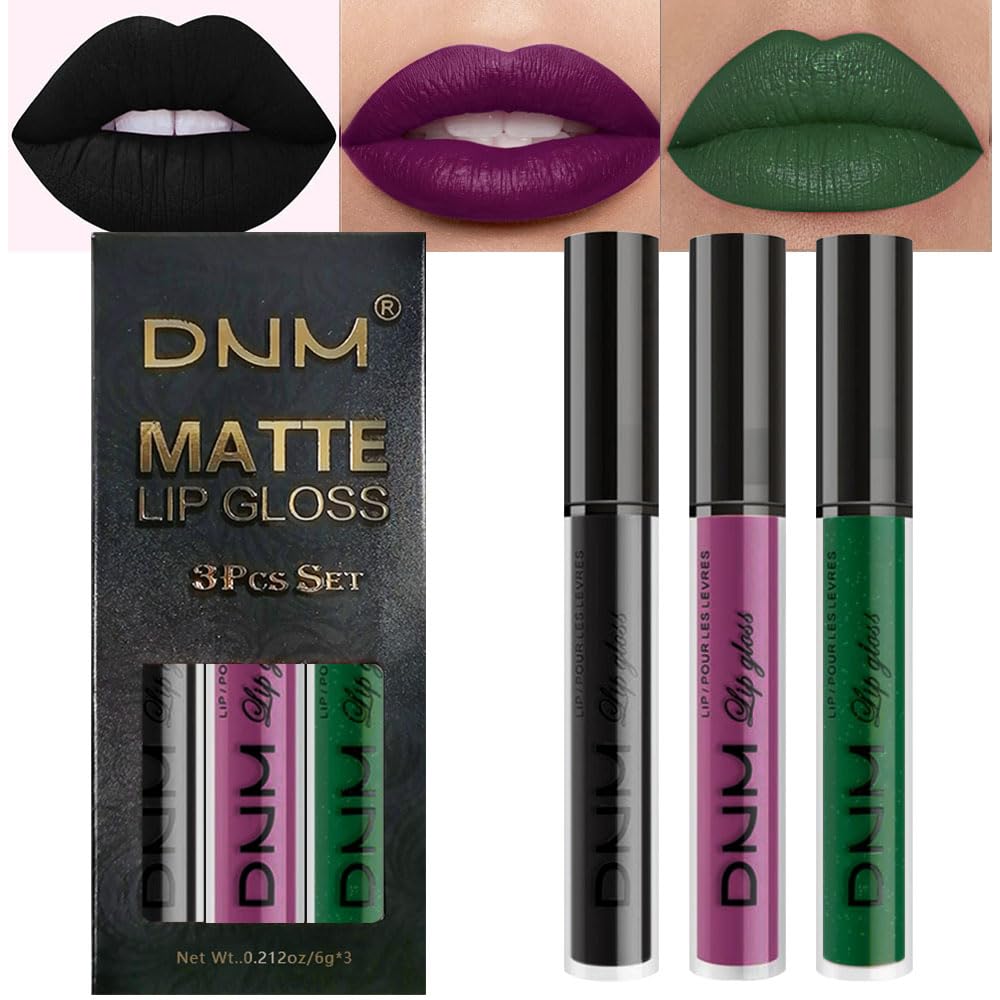 evpct 3Pcs Dark Black Grape Plum purple Emerald Green Matte Liquid Lipstick Lip Stain Sets for Women Matte+Lipstick Long Lasting 24 hr Hours Magic Lipstick 24 Hours original Waterproof 18#