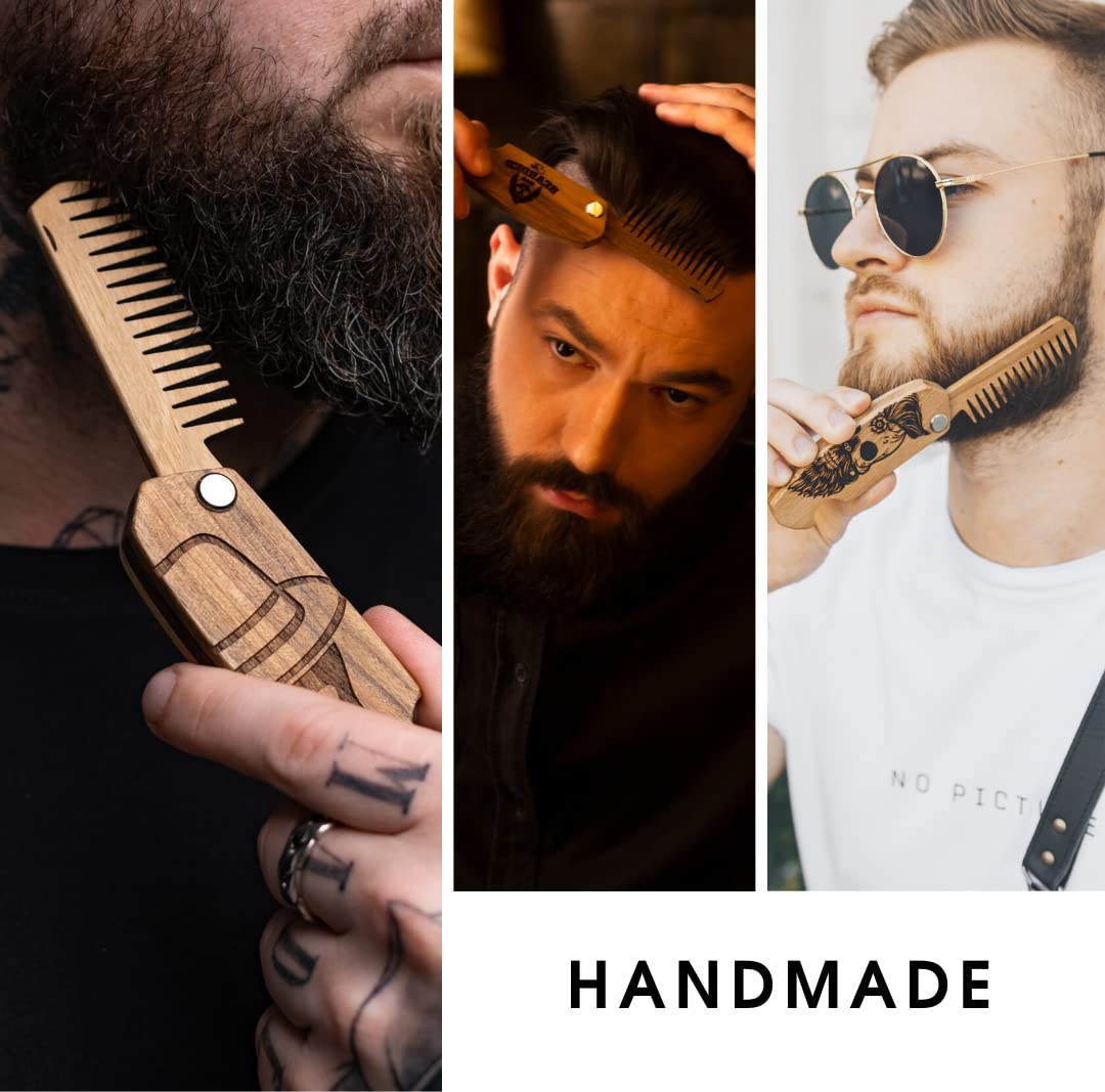 Beard Comb Gifts for Him Wooden Comb for Men Folding Pocket for Moustache Hair Walnut Combs Husband with the Engraving (Fear The Beard) (Model SK)