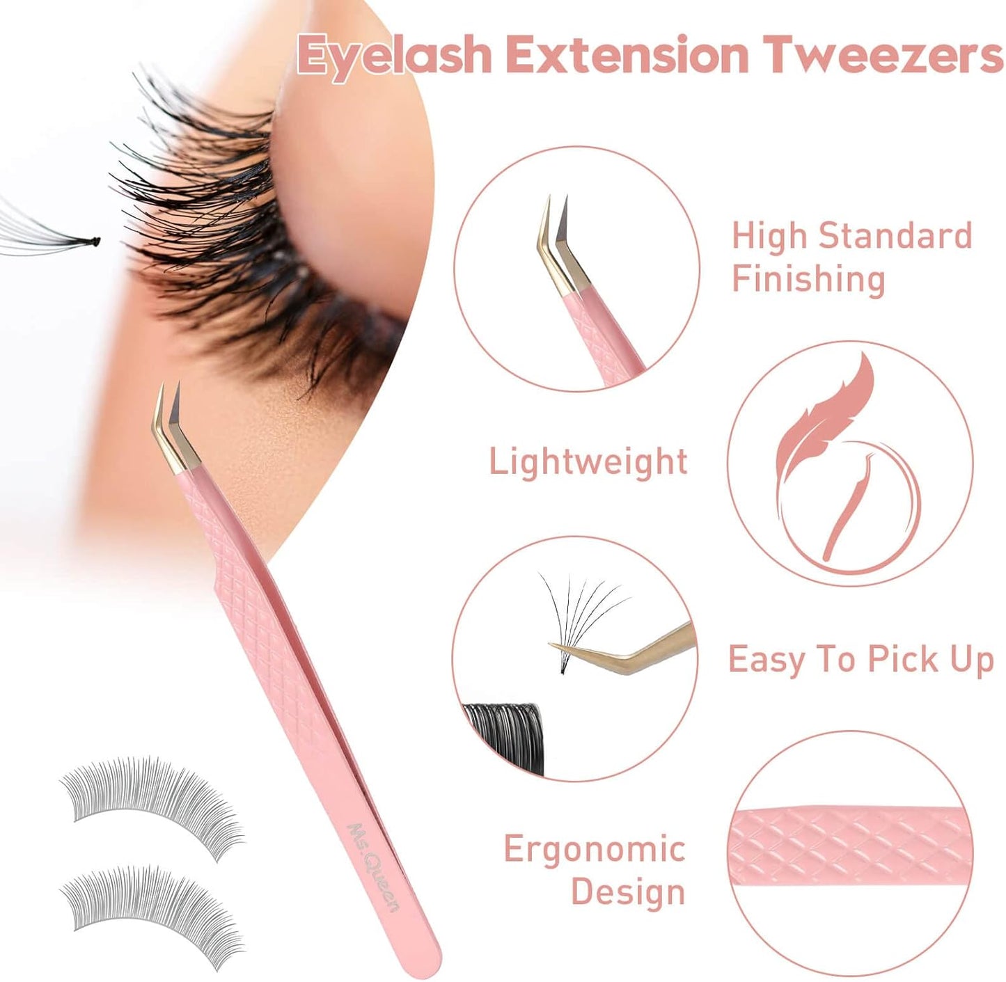 Ms.Queen Lash Tweezers Set,Professional 4Pcs 45 90 Degree Curved and Isolation Lash Tweezers for Eyelash Extensions