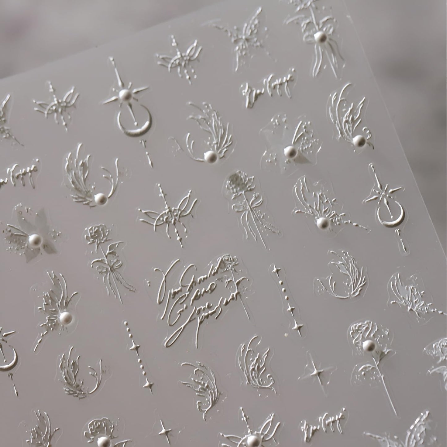 5D Embossed White Butterfly Flower Nail Stickers for Nail Art White Moon Star Nail Art Stickers White Nail Decals with Pearl Design Spring Summer Nail Supplies for Women Girls