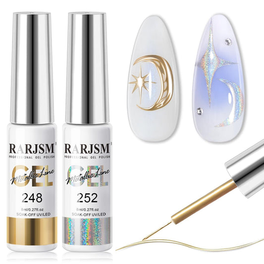 RARJSM Metallic Chrome Gel Liner Nail Art 3D Mirror Holographic Silver and Bronze Gold 2Pcs Set Gel Nail Polish 8ml Painting Build in Thin Brush Painted Drawing Striper GelPolish Curing Requires