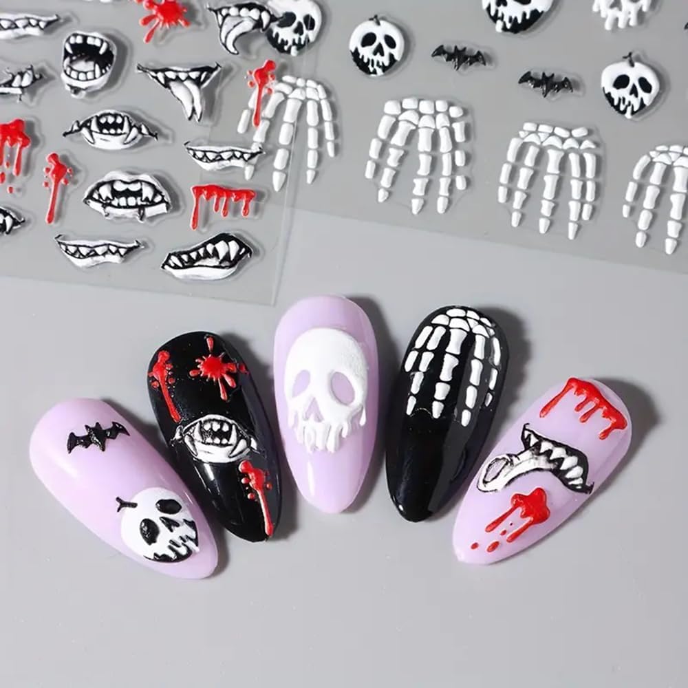 2 Pcs Halloween Nail Art Stickers 5D Embossed Scary Skull Self-Adhesive Nail Decals Halloween Stickers Bat Bones of The Dead Designs Nail Decorations Holiday DIY Acrylic Nail Accessories for Women