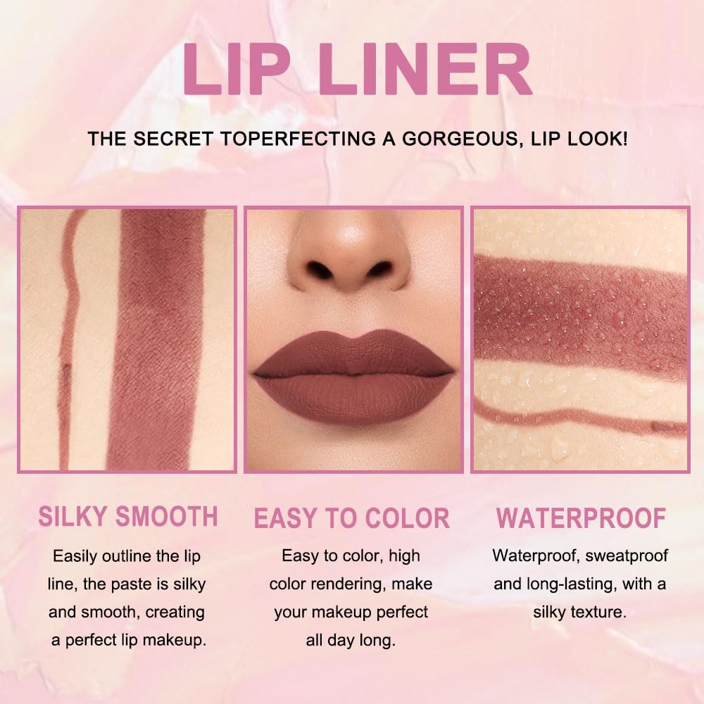 Kaely 2-in-1 Brown Lip Liner & Lipstick Set Kit for Women, Matte Lips Kit with Lip Liner Lip Stains Long Lasting Waterproof 24 Hour Lipstick and Lip Liners Combo Lipliners Pencil Set 11