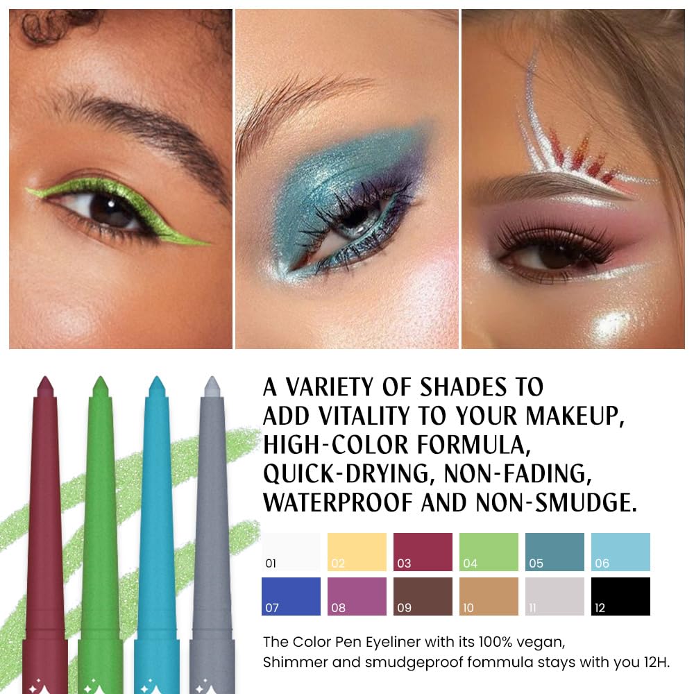 evpct 12Pcs Colored Glitter Shimmery Shimmer Gel Eyeliner Pencils Set for Women, Green Blue White Black Purple Eyeliner Waterline Waterproof lapiz de ojos delineador de ojos contra el agua eye Makeup