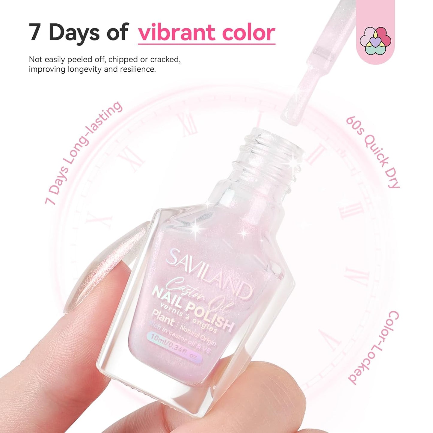 SAVILAND Color Artistry Pearl Pink Nail Polish: 7 Days Shimmer Aurora Finish Fingernail Polish Quick Dry Glitter Pink Fingernail Polish Regular Bulk Toe Nail Lacquer Non Gel DIY Home Women Manicure
