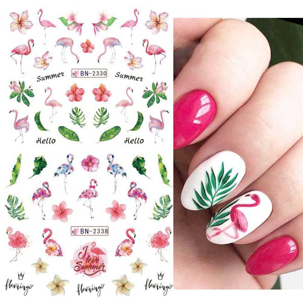 Flamingo Nail Art Stickers Water Transfer Nail Decals Summer Nail Art Decoration Palm Leaves Flowers Cactus Designs Acrylic Nail Stickers Manicure for Women DIY Nails 12 Sheets