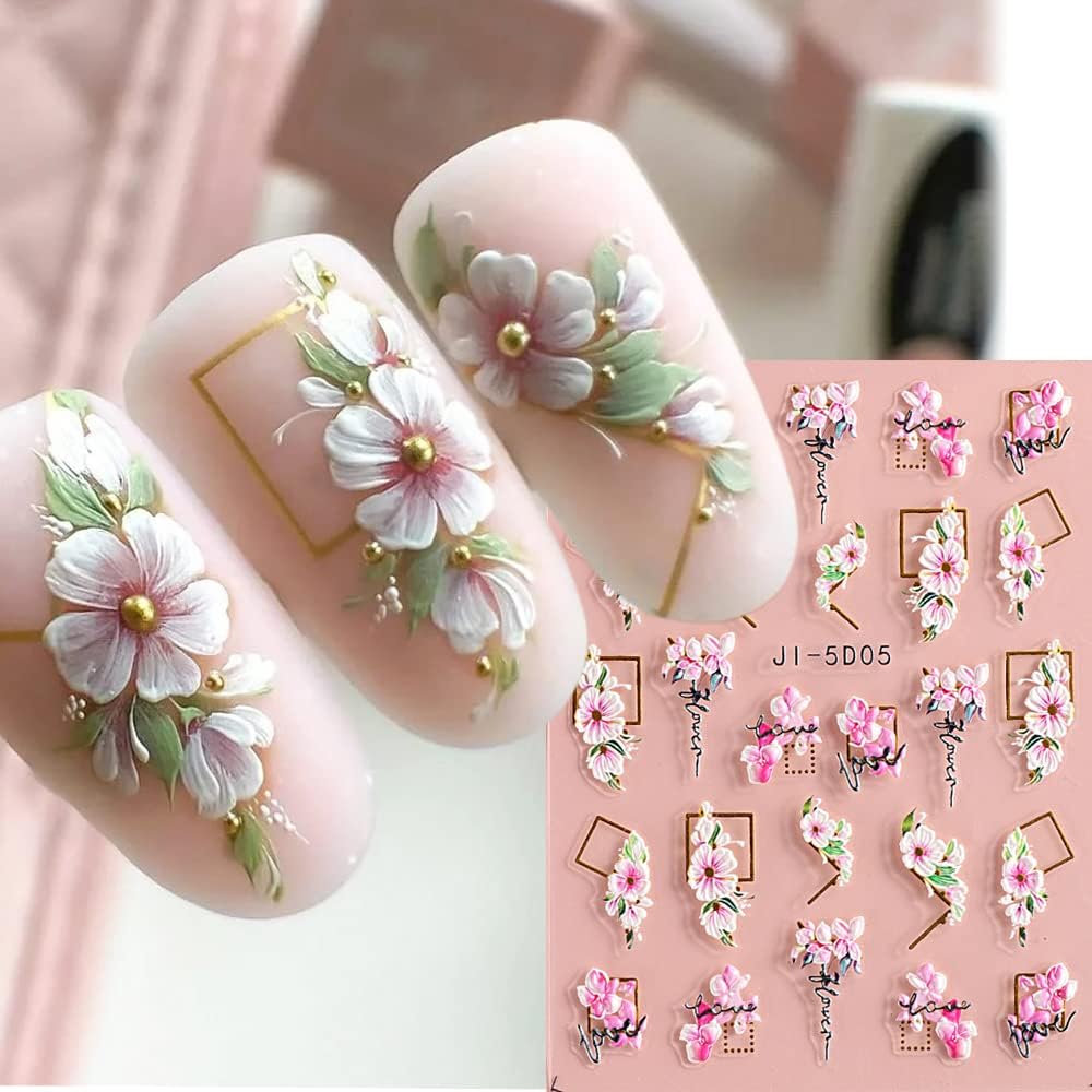 5D Nail Art Stickers 4 Sheets Pink Flowers Geometric Lines Decor Acrylic Embossed Sliders Gold Strips Decals Charms Cherry Blossom Manicure Accessories