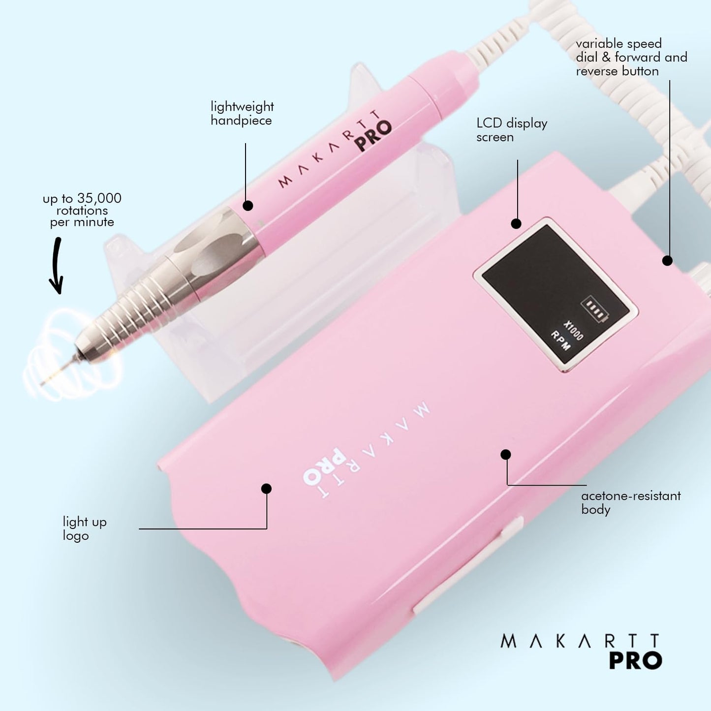 LuxuriaPro 35000 RPM Professional Nail Drill - 85W Brushless Motor | High Torque | Quiet & Vibration-Free | Portable, Rechargeable & Cordless Nail Drill for Technicians - Baby Pink