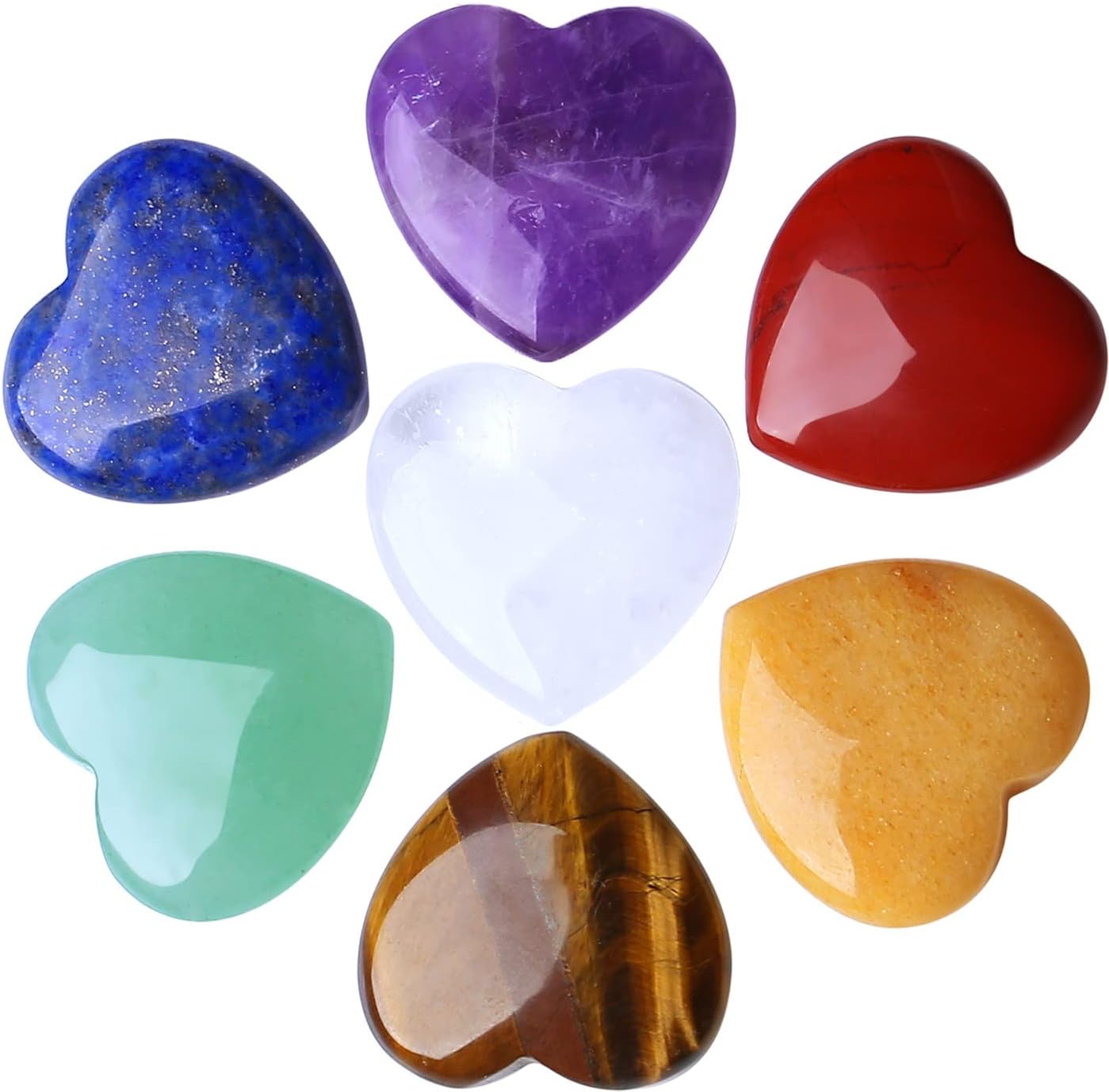 7 PCS Chakra Heart Crystals Pocket Natural Stones Polished Amethyst Palm Assorted Healing Crystal Love Shaped Gemstones 0.8" Set Reiki Energy Balancing Meditation Mother's Day Gift