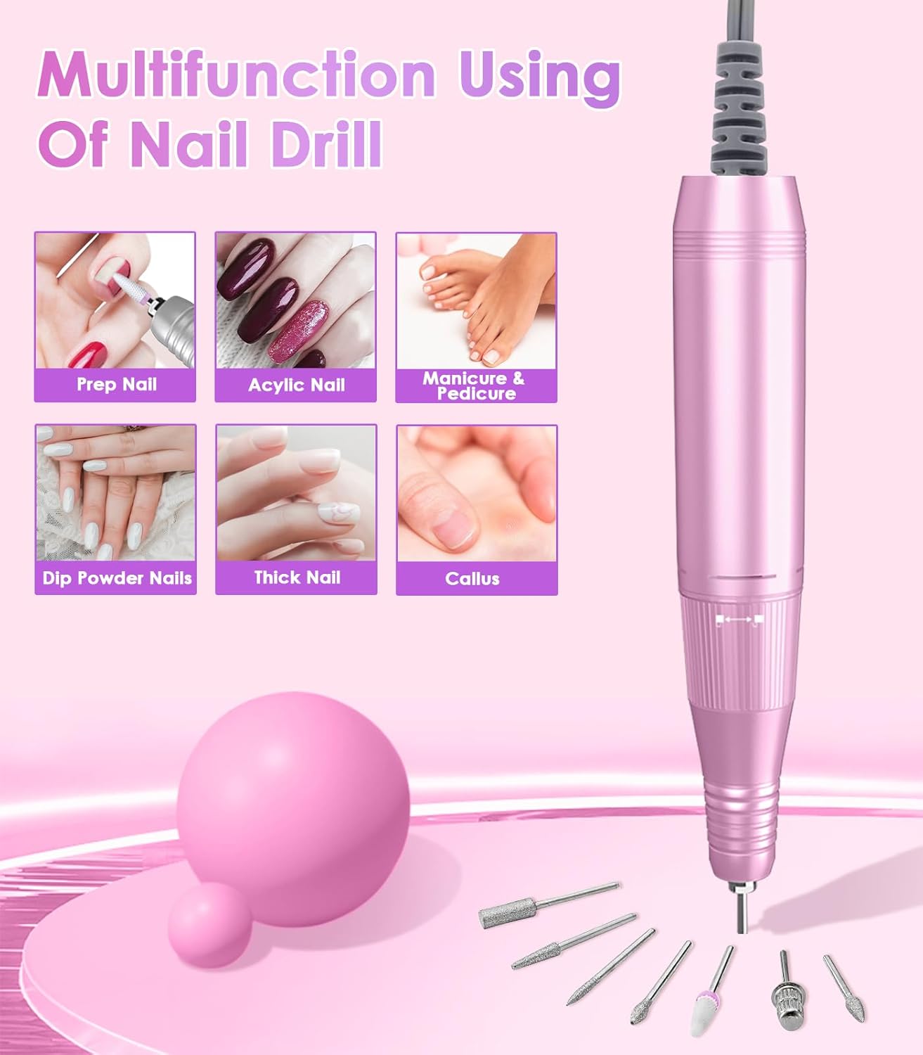 Portable Nail Drill Electric File: Professional Nail E File Machine 40000RPM Rechargeable Cordless Pink Diamond Nail Drill with Bits & Base for for Acrylic Nails Remove Gel Polish Manicure, Salon Home