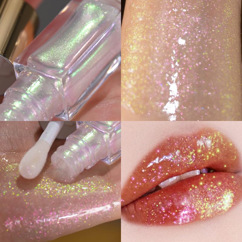 CHARMACY Aurora Chameleon Moisturizing Lip Gloss, MultiColor Shifting Shimmer Lip Gloss, Hydrating Non-Sticky Formula Glitter Lip Glaze, Easy to Apply, Long-Lasting, High-Shine Sheer Finish #04