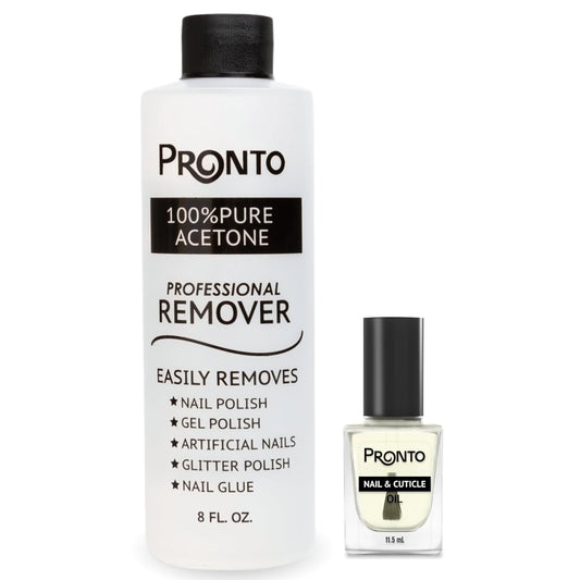 Pronto 8 Oz 100% Pure Acetone Nail Polish Remover and Cuticle Oil, Pure Acetone for All Nail Polish Types including Gel, Acrylic & Sculptured Nails, Gel Nail Polish Remover and Nail Repair, Duo Pack