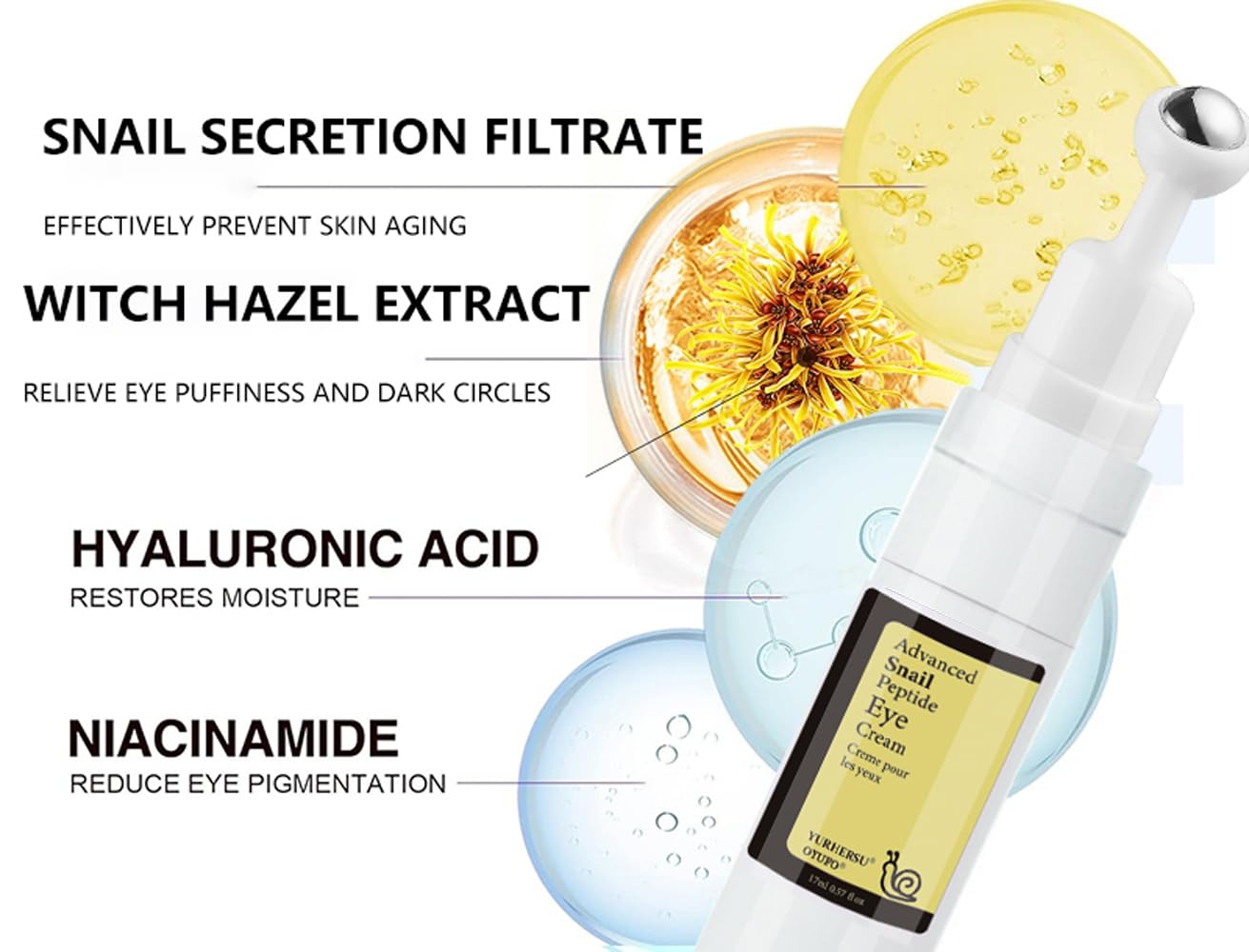 New Snail Peptide Eye Cream for Fine Lines, Dark Circles and Puffiness, With 73% Snail Mucin Filtrate & 2% Nicotinamide, Moisturizing, Hydrating, Firming, Brightening, 360° Massage Ball; YS-WN