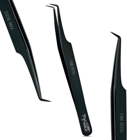 90 Degree Volume Fiber Tip Lash Tweezer – FAN BOSS, Non Slip Grip Professional Eyelash Extension Tweezers for Mega Volume Fans, Lash Artist Precision Tool (Black)