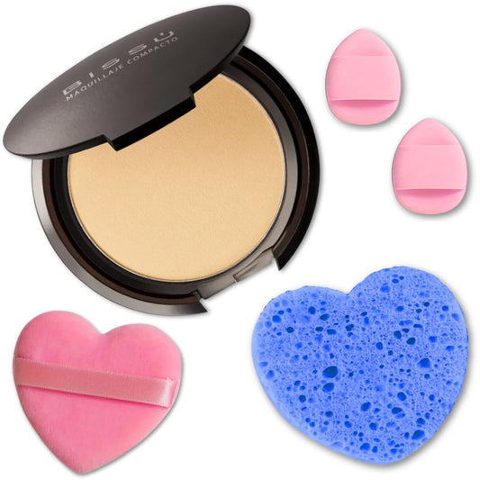 Beetbul Makeup & Exfoliation Kit - Bissú Compact Powder + 1 Medium Velvet Puff + 2 Finger Puffs + 1 Facial Exfoliating Sponge (08 Wheat, One Size)