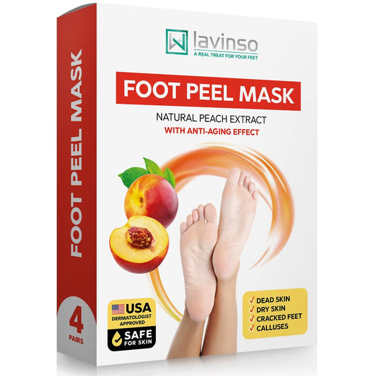 Lavinso Peach Foot Peel Mask for Dry Cracked Feet - 4 Pack - Dead Skin Remover Foot Mask for Cracked Feet and Callus - Exfoliating Feet Peeling Mask for Soft Baby Feet