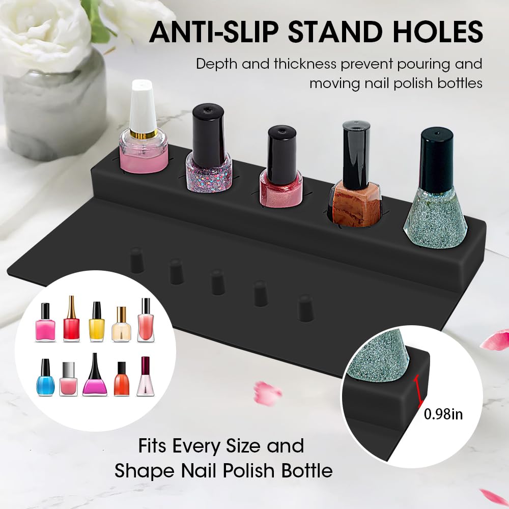 Nail Polish Holder, Silicone Hand Rest Mat Fingernail Painting Tools 2 in 1 Art Accessories Organizer Case Set with Anti-Spill Bottle Stand and Finger Separators for Pedicure Manicure-Black
