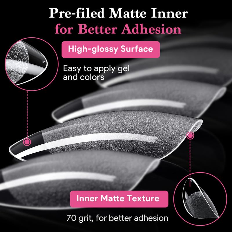 Extra Short Almond False Nail Tips, 15 Sizes 510 PCS Clear Soft Press On Fake Nail Pre-shaped Half Matte Full Cover Gel Nail Tips Extensions Thick Long Lasting for DIY Beginners & Salon Manicure