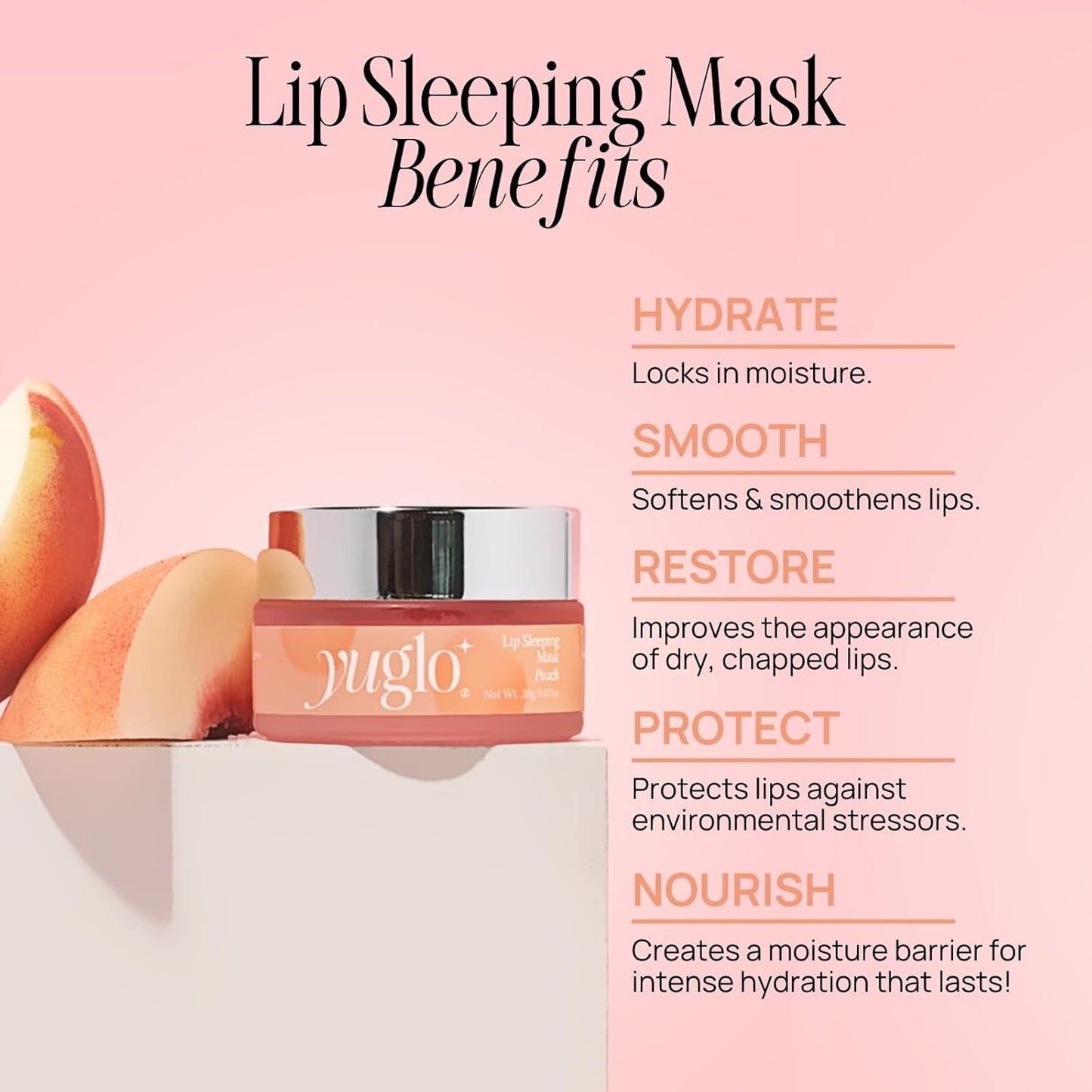 YUGLO Lip Sleeping Mask | Peach Flavor | Hydrating & Soothing Lip Treatment for  Dry, Chapped Lips | Plumps & Moisturizes | Overnight Lip Repair