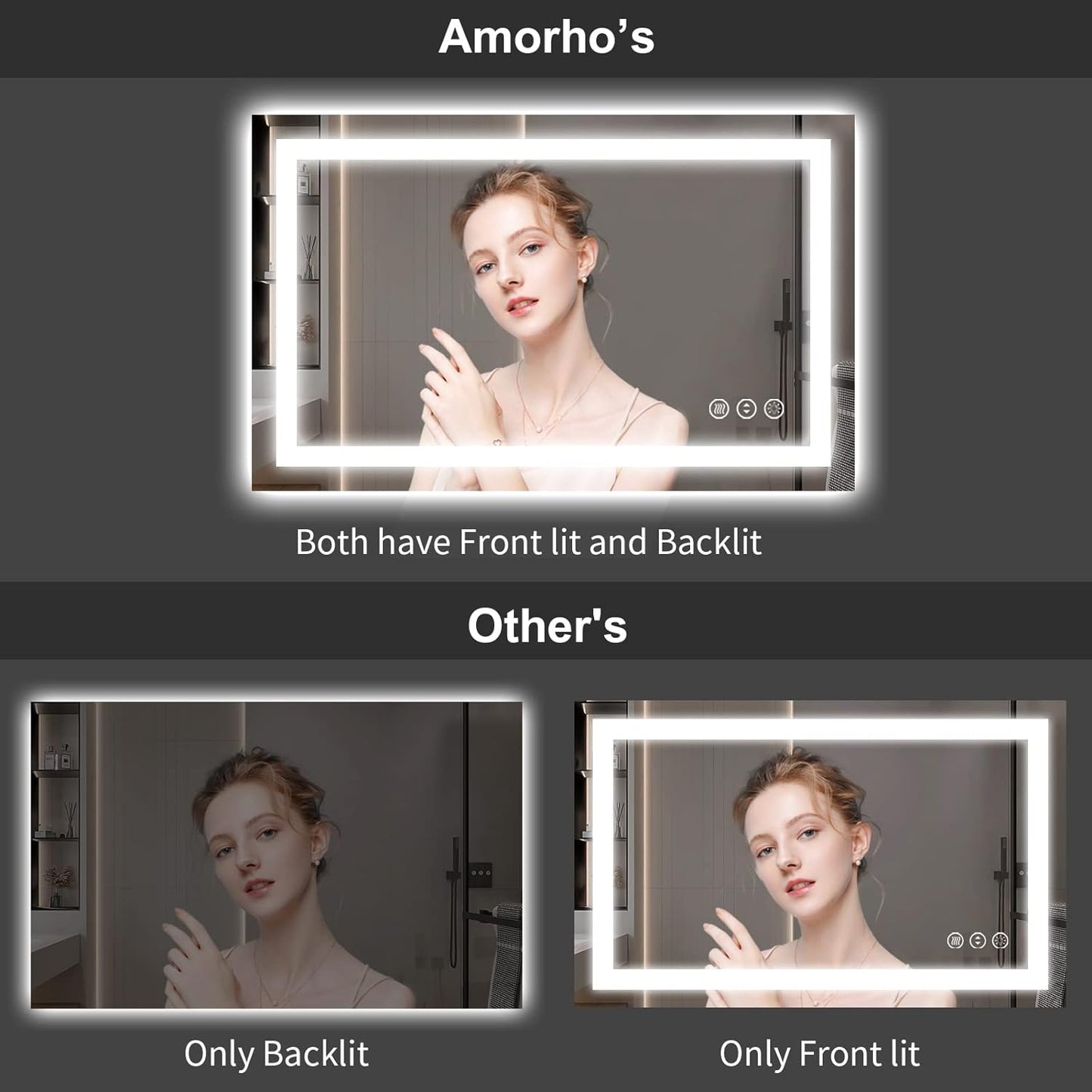 Amorho LED Bathroom Mirror 44" X36" with Front and Backlight, Stepless Dimmable Wall Mirrors with Anti-Fog, Shatter-Proof, Memory, 3 Colors, Double LED Vanity Mirror(Horizontal/Vertical)