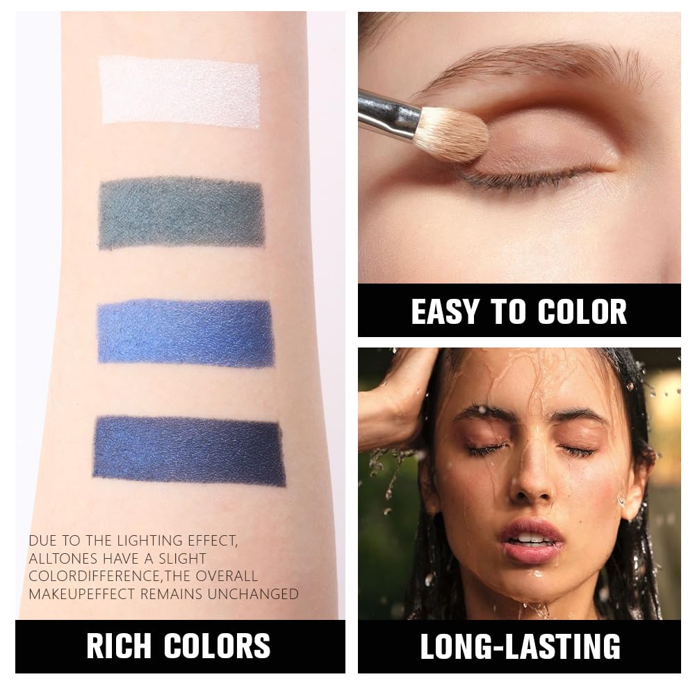 4 Colors Dark Peacock Green White Navy Sapphire Blue Eye Shadow Powder Palette Makeup, Highly Pigmented Waterproof Matte Shimmer Cream Quads Eyeshadow Palette for Women, paleta de sombras de ojos 08