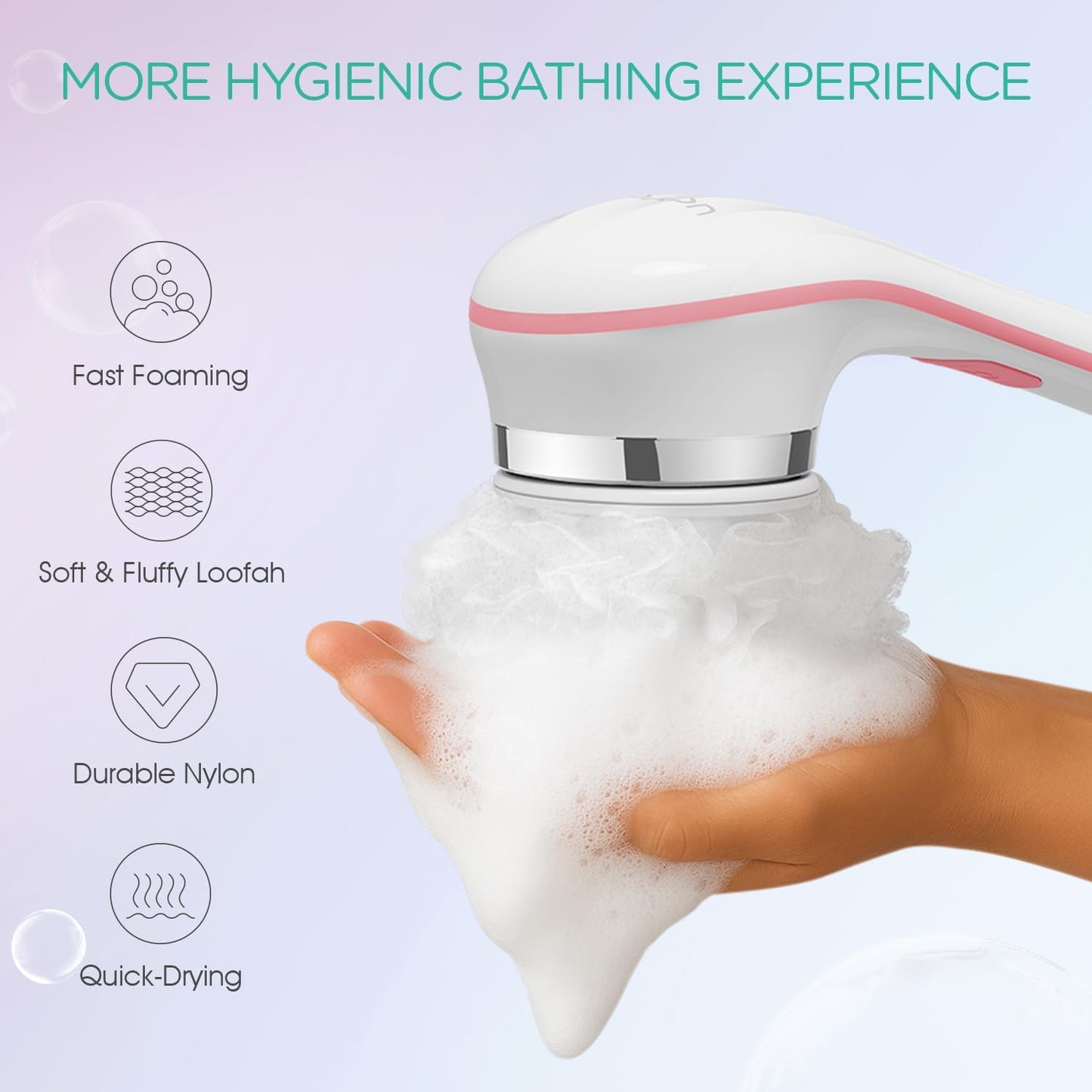 VOYOR Electric Body Brush Back Scrubber for Shower Rechargeable Exfoliating Bath Brush Powered Shower Brush with Non-Slip Long Handle Deep Cleansing, Exfoliation, Massaging Spin Brush BC100 (Pink)