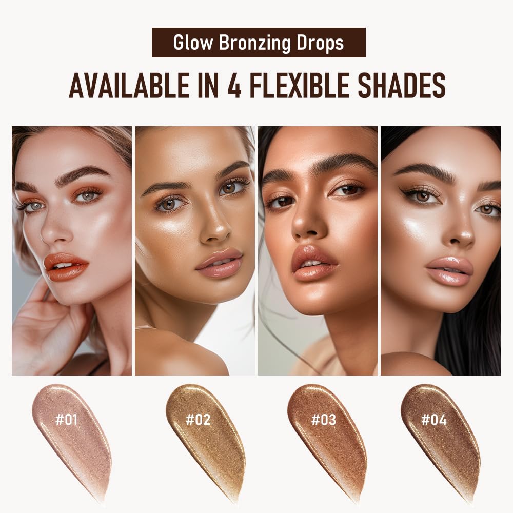 Bronzing Drops For Face, Liquid Bronzer Glow Drops, Face Body Shimmer Glow Illuminator, Nourishing Skincare Bronzer Shimmer Oil, Waterproof Moisturizing Body Highlighter(02 Bronze Glow)