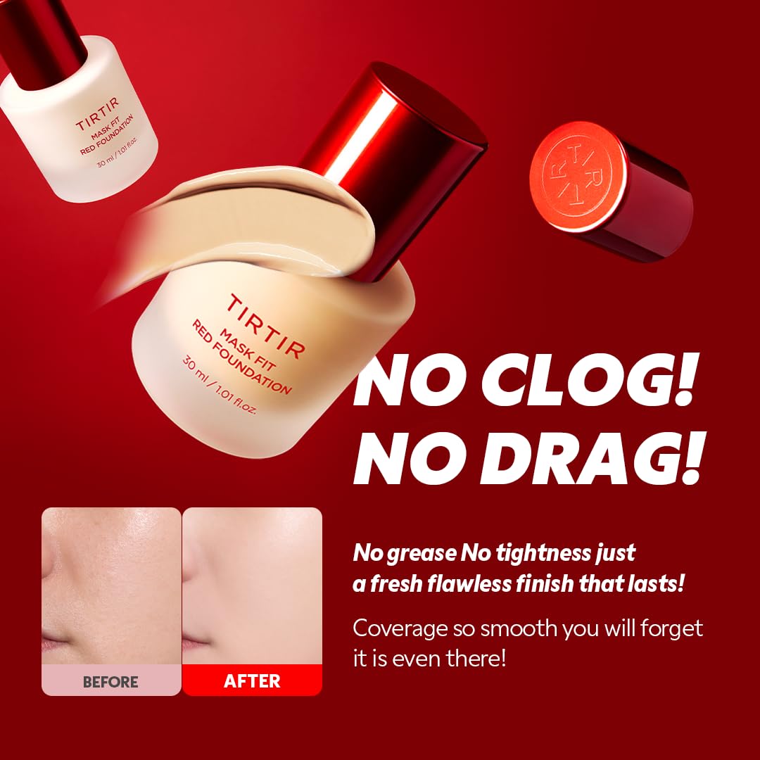 TIRTIR Mask Fit Red FoundationㅣLong Lasting Flawless Coverage, Energy Essence, Lightweight, Hydrating, Pore-Blurring, Breathable Satin Finish, Makeup, Radiant Skin, #30N Rich Honey, 1.01 Fl Oz