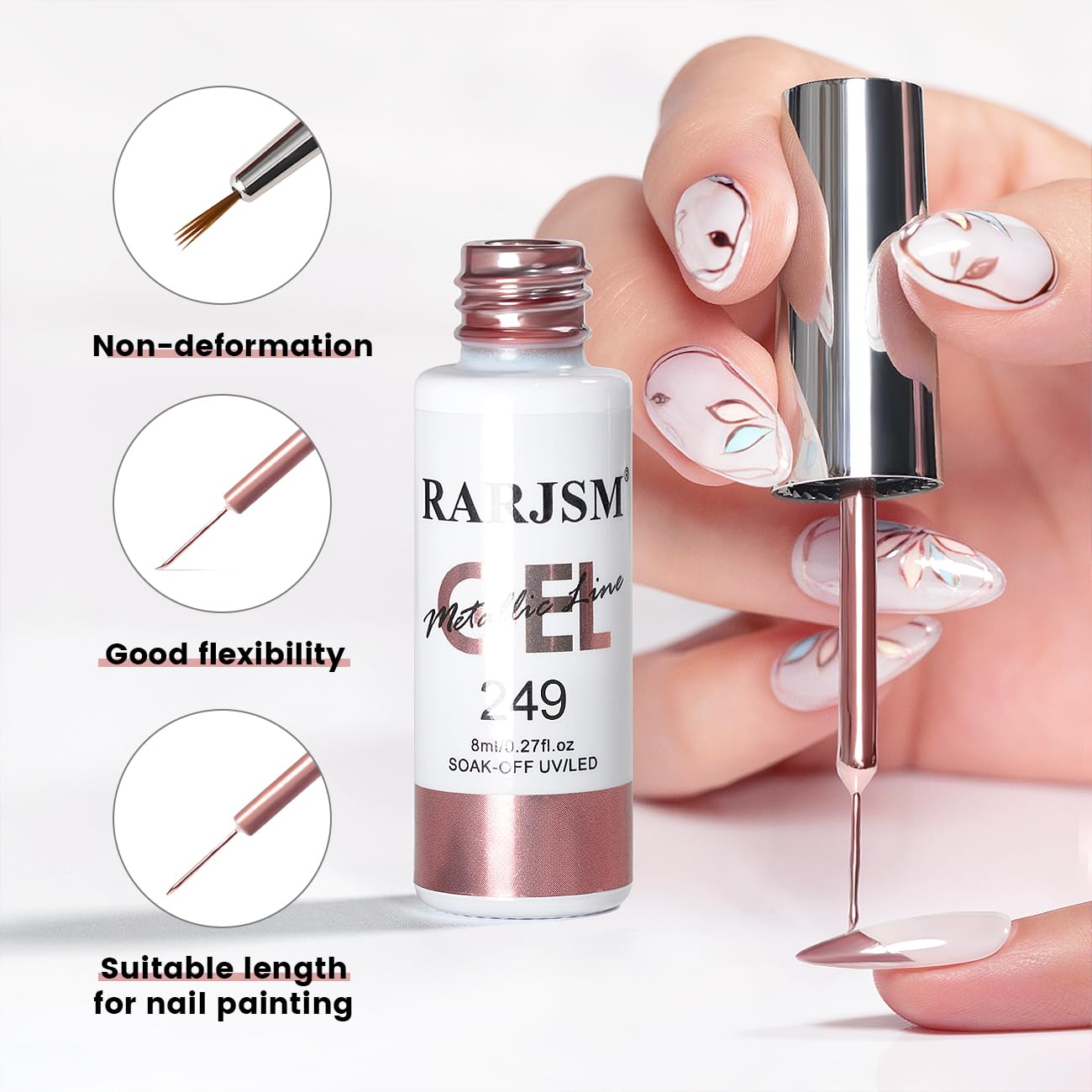 RARJSM Metallic Chrome Gel Liner Nail Art 3D Mirror Bronze Gold Rose Gold Effect Gel Nail Polish 8ml Painting Build in Thin Brush Metal Painted Drawing Striper GelPolish Curing Requires Home Salon