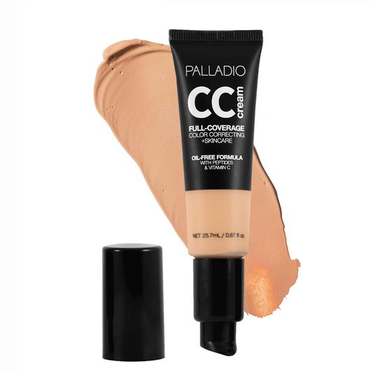 Palladio Full-Coverage Color Correction CC Cream, Oil-Free with Peptides & Vitamin C, Best for Correcting Redness and Uneven Skin Tone, Buildable Foundation Coverage (Med 32W)