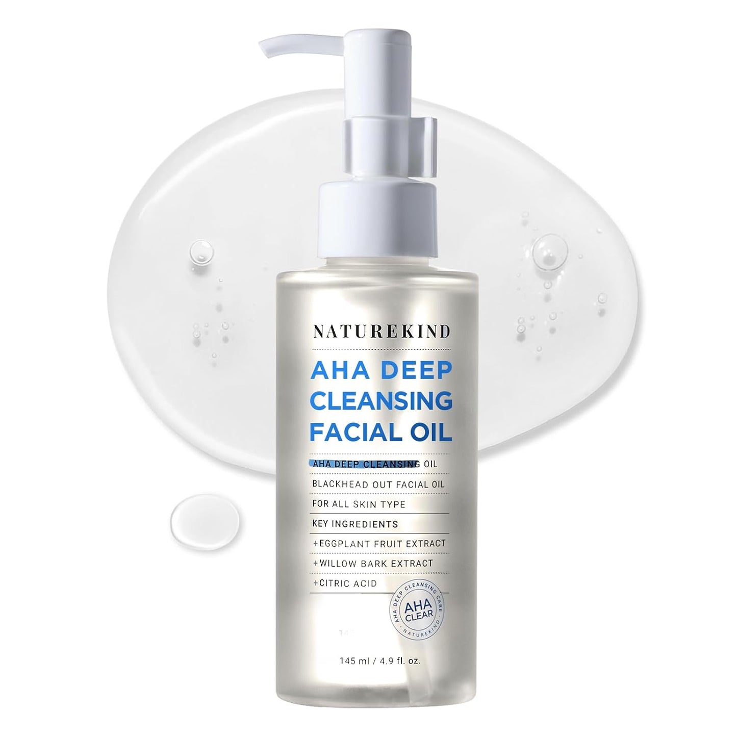 AHA Deep Cleansing Facial Oil with Jojoba Oil, Tea Tree Oil, PHA and Centella Asiatica, Korean Blackhead Remover, Pore Cleaner and Sebum Remover, 145ml, 4.9 fl. oz.