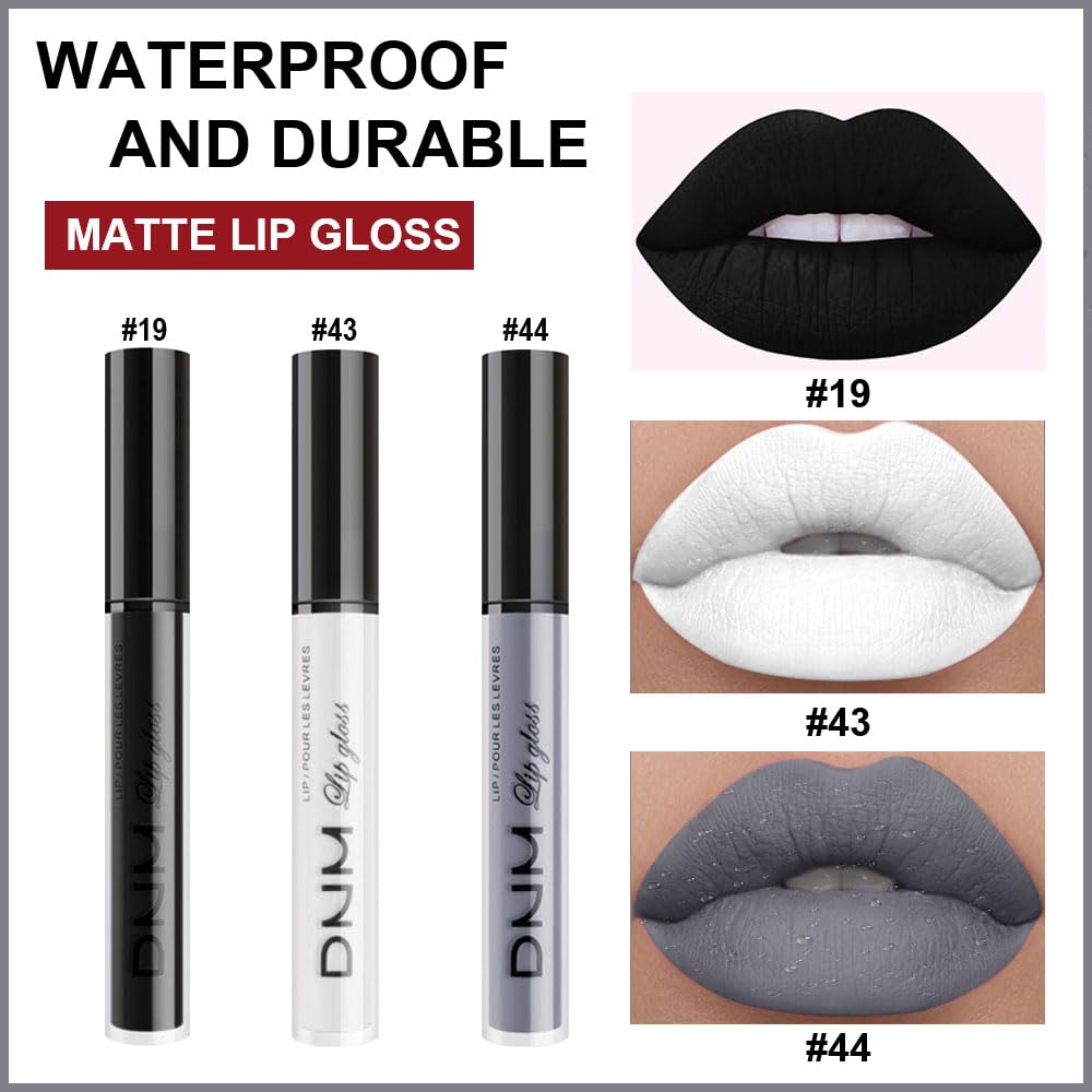 evpct 3Pcs Dark Black Grey Gray White Matte Liquid Lipstick Lip Stain Sets for Women Matte+Lipstick Long Lasting Permanent 24 hr Hours Magic Lipstick 24 Hours original Waterproof 16#