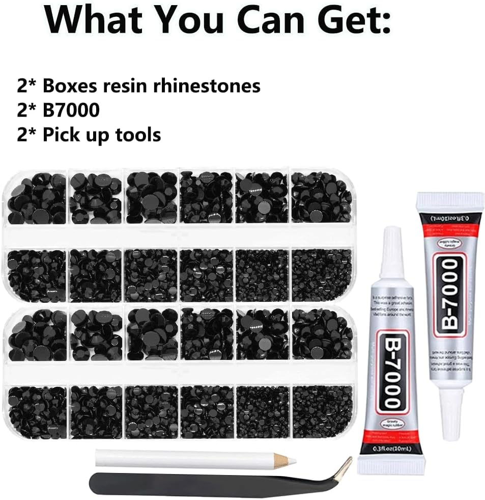 Black Rhinestones for Bedazzling with B7000 Glue, 2mm 3mm 4mm 5mm 6mm (SS8-SS30) Non-Hotfix Flatback Black Diamonds Kit, Nail Crystals Gems Beads for Bedazzling Crafts,DIY Art, Makeup Decoration