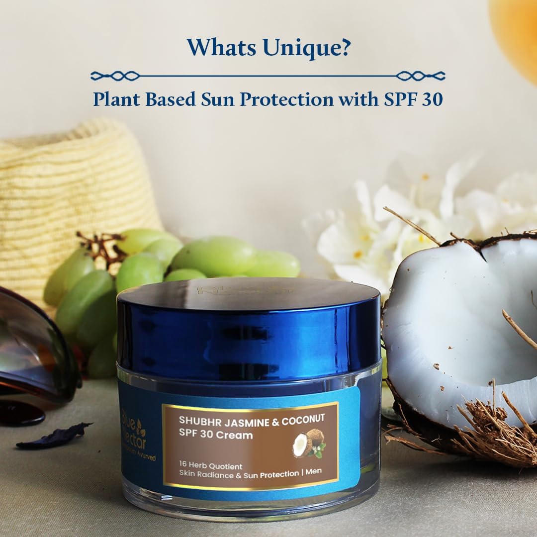 Blue Nectar Coconut Face Cream with SPF 30 Sunscreen for Men | Plant Based Oil Free Moisturizer for Face with Vitamin E |Sunscreen for Oily, Dry & Sensitive Skin (16 Herbs, 1.76 FlOz)